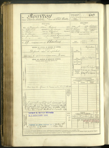 Rouvroy, Charles Adolphe, dit Chête Pusse, né le 11 décembre 1860 à Fresnes-Mazancourt (Somme, France), classe 1880, matricule n° 649, Bureau de recrutement de Péronne