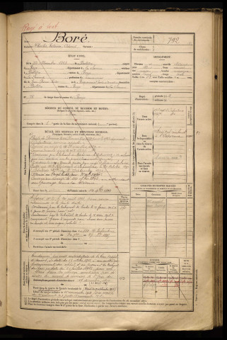 Boré, Charles Victorice Adonis, né le 22 décembre 1868 à Balâtre (Somme), classe 1888, matricule n° 792, Bureau de recrutement de Péronne