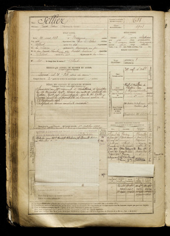 Sellier, Joseph Octave Alexandre, né le 24 mars 1883 à Bapaume (Pas-de-Calais), classe 1903, matricule n° 688, Bureau de recrutement de Péronne