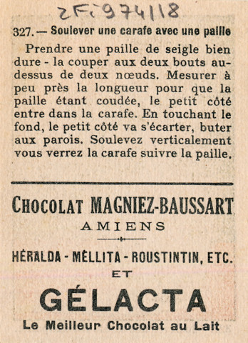 Chocolat Magniez-Baussart, Amiens. Image 327 : soulever une carafe avec une paille