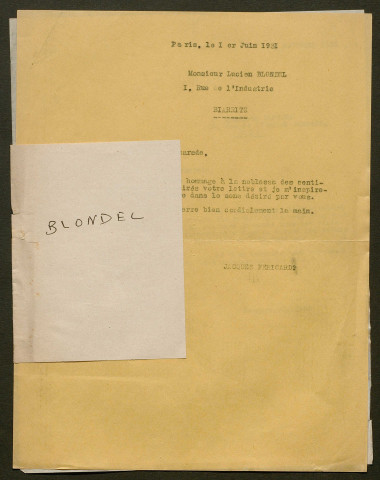 Témoignage de Blondel, Lucien et correspondance avec Jacques Péricard