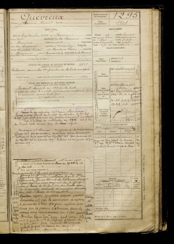 Quévreux, Marius Raoul, né le 09 septembre 1885 à Amiens (Somme), classe 1905, matricule n° 1295, Bureau de recrutement d'Amiens