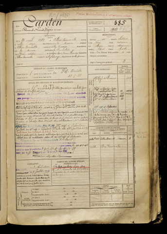 Cardon, Edmond Louis Eugène, né le 24 avril 1889 à Villers-Tournelle (Somme), classe 1909, matricule n° 385, Bureau de recrutement de Péronne