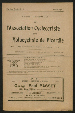 Revue mensuelle de l'association cyclecariste et motocycliste de Picardie - 1ère année, numéro 4
