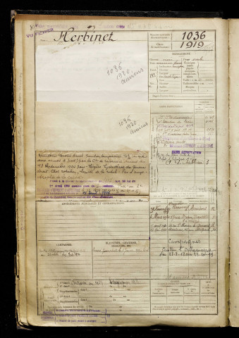 Herbinet, Pierre Célestin Anatole, né le 20 avril 1900 à Amiens (Somme), classe 1920, matricule n° 1036, Bureau de recrutement d'Amiens