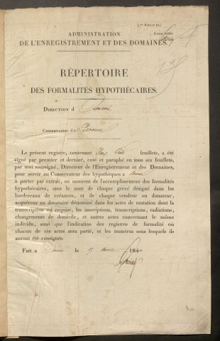 Répertoire des formalités hypothécaires, du 27/11/1844 au 30/04/1845, registre n° 135 (Péronne)