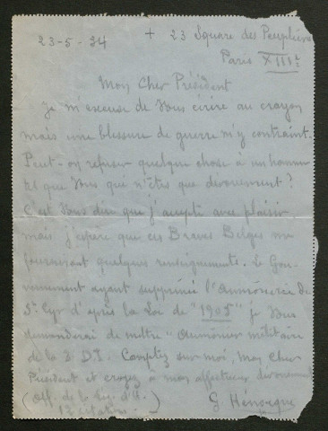 Témoignage de Hénoque, G. (Abbé) et correspondance avec Jacques Péricard