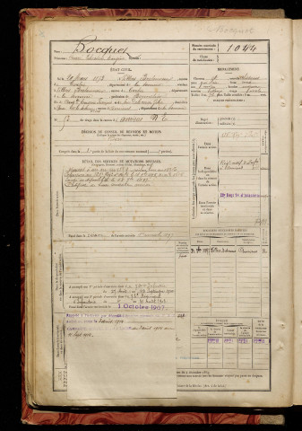 Bocquet, Henri Théodore Eugène, né le 29 mars 1873 à Villers-Bretonneux (Somme), classe 1893, matricule n° 1044, Bureau de recrutement d'Amiens