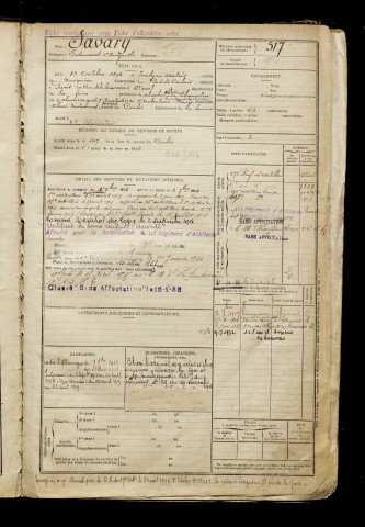 Savary, Edouard Auguste, né le 13 octobre 1894 à Inchy-en-Artois (Pas-de-Calais), classe 1914, matricule n° 517, Bureau de recrutement d'Amiens
