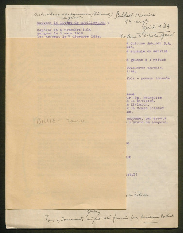 Témoignage de Billiet, Maurice (Sergent) et correspondance avec Jacques Péricard