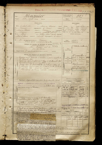 Magnier, Arthur Alfred Louis, né le 08 août 1880 à Estrées-Mons (Somme), classe 1900, matricule n° 927, Bureau de recrutement de Péronne