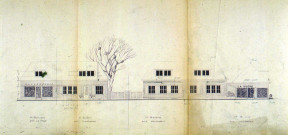 Ailly-sur-Somme. RN 35. Alignement de façades dessiné par P. Herdhebaut, architecte : boulangerie, maison d'habitation, local "La Ruche"