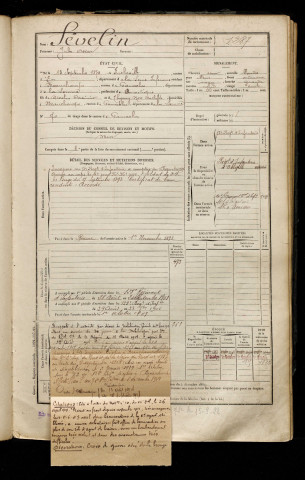 Sévelin, Jules Oscar, né le 13 septembre 1874 à Incheville (Seine-Maritime), classe 1894, matricule n° 1287, Bureau de recrutement d'Abbeville