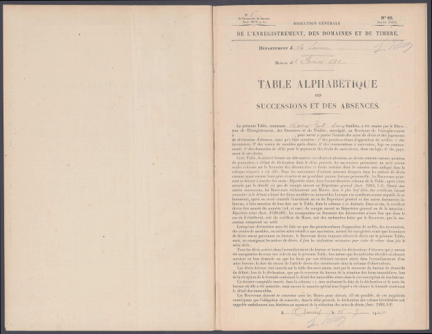 Table des successions et absences du bureau de Péronne