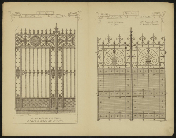 Quatre dessins représentants les grilles du château de la Ruchette à Chaudfontaine ; de l'Hôtel de Mrs Mirabaud ; du palais de justice de Paris ; de la rue Cavenne à Lyon