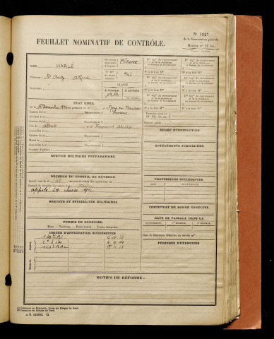 Harlé, Saint Ange Alfred, né le 16 décembre 1892 à Estrées-Mons (Somme), classe 1912, matricule n° 945, Bureau de recrutement de Péronne