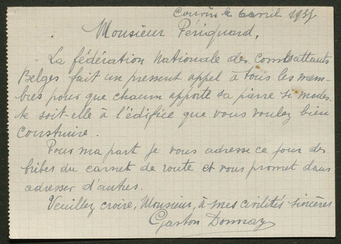 Témoignage de Donnay, Gaston et correspondance avec Jacques Péricard