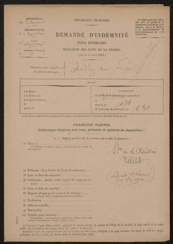 Ailly-sur-Noye. Demande d'indemnisation des dommages de guerre : dossier Vasset-Ossart