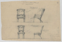 Un fauteuil en bois et cuir et une chaise, de face et profil. Le mobilier du fumoir de l'Hôtel Bouctot-Vagniez