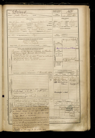 Prévost, Joseph Napoléon, né le 15 juin 1876 à Guyencourt-Saulcourt (Somme), classe 1896, matricule n° 409, Bureau de recrutement de Péronne