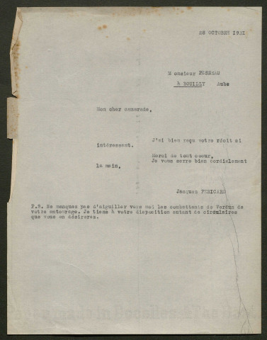 Témoignage de Pesneau, Raymond (Sergent) et correspondance avec Jacques Péricard
