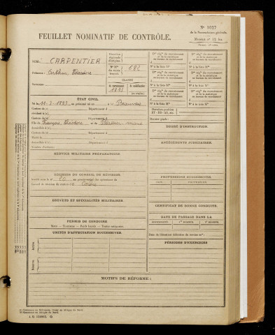 Carpentier, Arthur Théodore, né le 11 mars 1893 à Beauvais (Oise), classe 1913, matricule n° 682, Bureau de recrutement d'Amiens