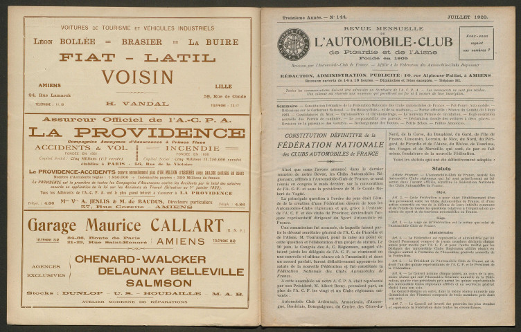 L'Automobile-club de Picardie et de l'Aisne. Revue mensuelle, 144, juillet 1923