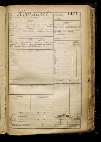 Hoornaert, François Gabriel, né le 09 mars 1897 à Nibas (Somme), classe 1917, matricule n° 1401, Bureau de recrutement d'Abbeville