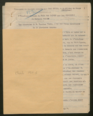 Témoignage de Papin, Charles et correspondance avec Jacques Péricard