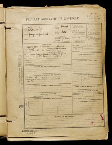 Koenig, Georges Eugène Emile, né le 12 avril 1890 à Amiens (Somme), classe 1910, matricule n° 532, Bureau de recrutement d'Amiens
