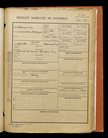 Franqueville, Emile Marcel Hippolyte, né le 13 août 1897 à Beaucamps-le-Vieux (Somme), classe 1917, matricule n° 182, Bureau de recrutement d'Amiens
