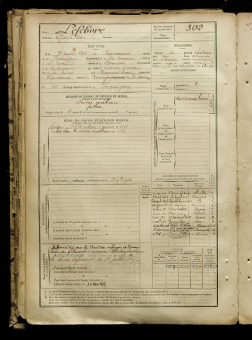Lefebvre, Joseph Alfred, né le 28 juillet 1876 à Vignacourt (Somme), classe 1896, matricule n° 302, Bureau de recrutement d'Amiens