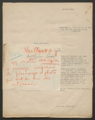 Témoignage de Vaillant de Guélis, Hervé (Sergent) et correspondance avec Jacques Péricard