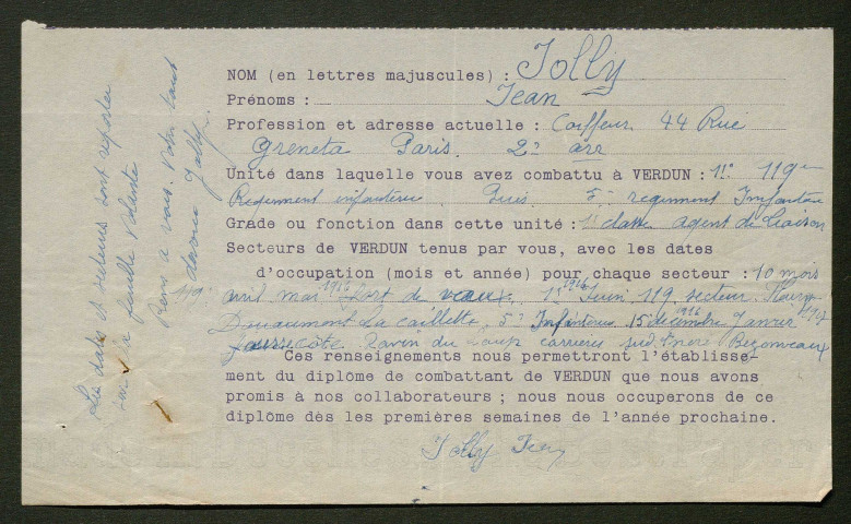 Témoignage de Jolly, Jean (Agent de liaison) et correspondance avec Jacques Péricard