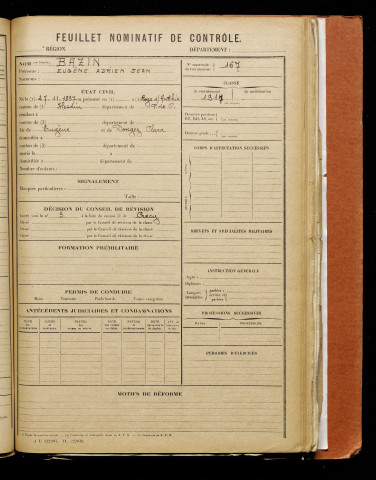 Bazin, Eugène Adrien Jean, né le 27 novembre 1897 à Raye-sur-Authie (Pas-de-Calais), classe 1917, matricule n° 167, Bureau de recrutement d'Abbeville