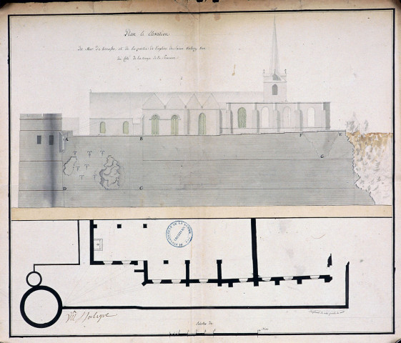 Plan et élévation du mur de terrasse et de la partie de l'église de saint-Valery vue du coté de la baye de Somme