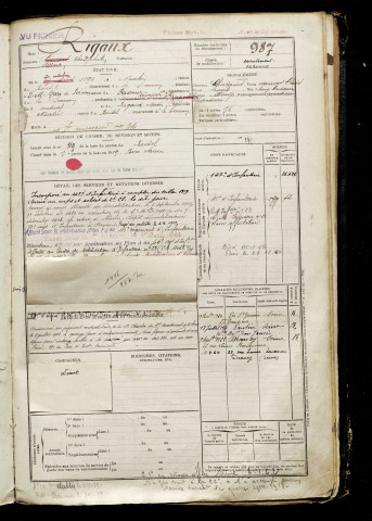 Rigaux, Théophile, né le 20 octobre 1896 à Nurlu (Somme), classe 1916, matricule n° 987, Bureau de recrutement de Péronne