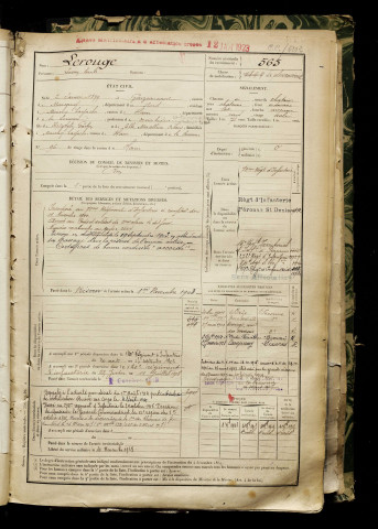 Lerouge, Lucien Emile, né le 02 janvier 1879 à Gouzeaucourt (Nord), classe 1899, matricule n° 565, Bureau de recrutement de Péronne