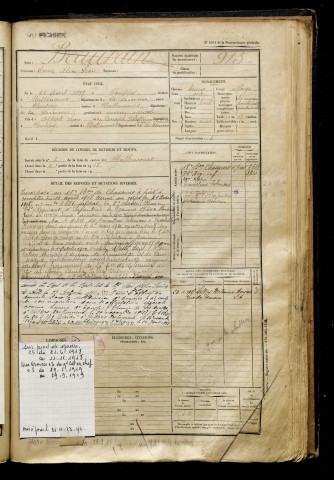 Beaurain, Omer Alix Léon, né le 22 avril 1899 à Huppy (Somme), classe 1919, matricule n° 915, Bureau de recrutement d'Abbeville