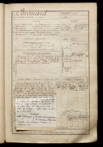 Brémard, Octave Arthur, né le 30 octobre 1875 à Bouttencourt (Somme), classe 1895, matricule n° 1119, Bureau de recrutement d'Abbeville