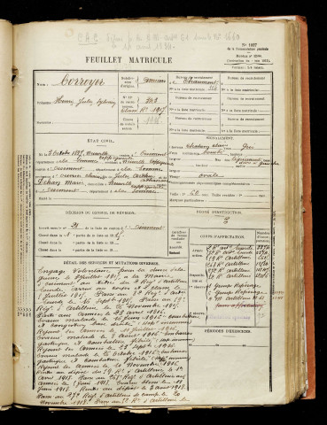 Corroyer, Henri Jules Sylvain, né le 03 octobre 1897 à Neuville-Coppegueule (Somme), classe 1917, matricule n° 343, Bureau de recrutement d'Amiens