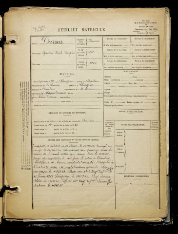 Darras, Gaston Paul Eugène, né le 05 janvier 1882 à Chuignes (Somme), classe 1902, matricule n° 131, Bureau de recrutement de Péronne