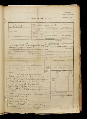 Hubert, Louis, né le 17 septembre 1897 à Molliens-au-Bois (Somme), classe 1917, matricule n° 307, Bureau de recrutement d'Amiens