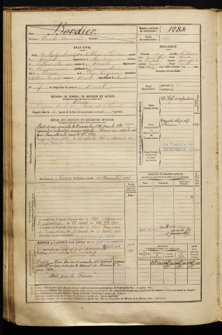 Bordier, Charles Armand, né le 20 septembre 1874 à Villers-Faucon (Somme), classe 1894, matricule n° 1284, Bureau de recrutement de Péronne