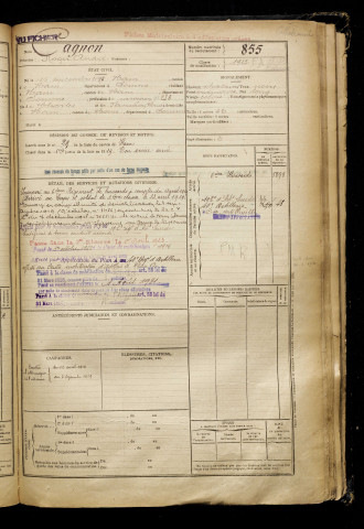 Cagnon, Roger André, né le 16 septembre 1897 à Ham (Somme), classe 1917, matricule n° 855, Bureau de recrutement de Péronne