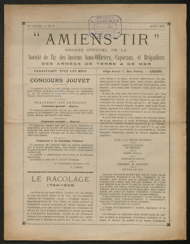 Amiens-tir, organe officiel de l'amicale des anciens sous-officiers, caporaux et soldats d'Amiens, numéro 8 (août 1908)