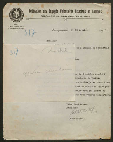 Témoignage de Michel, Louis (Fédération des Engagés Volontaires Alsaciens et Lorrains - Président du groupe de Sarreguemines) et correspondance avec Jacques Péricard