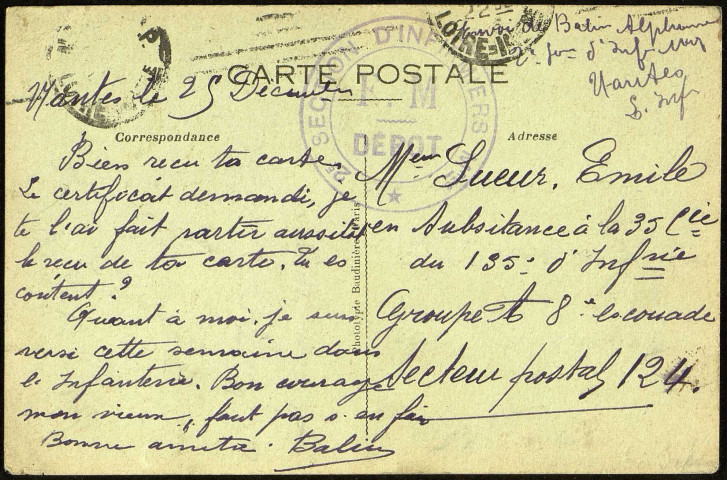 Carte postale "Saint-Denis - L'église Neuve" adressée à Emile Sueur (1886-1948) par un de ses amis