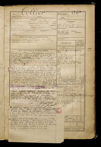 Tellier, Charles Emile, né le 01 mars 1897 à Saint-Valery-sur-Somme (Somme), classe 1917, matricule n° 1567, Bureau de recrutement d'Abbeville