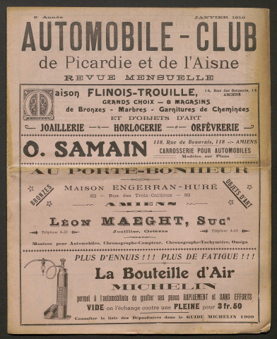 Automobile-club de Picardie et de l'Aisne. Revue mensuelle, 6e année, janvier 1910